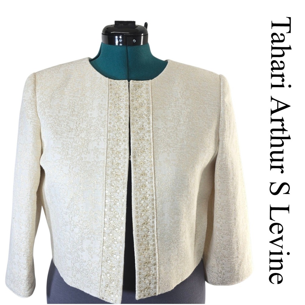 Tahari Arthur S. Levine Petite Cream Gold Metallic Sequined Cropped Jacket 10P‎